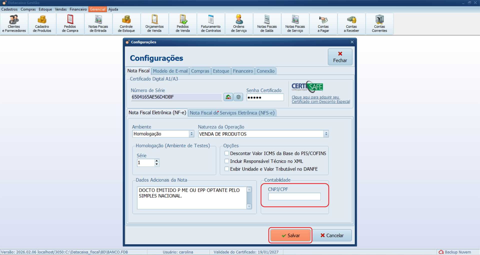 cnpj-contabilidade | Datacaixa Contabilidade, exclua o CNPJ/CPF preenchido e deixe o campo em branco.